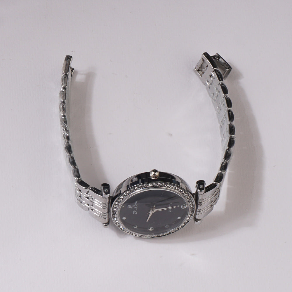 Womens Chain Wrist Watch Silver Black Dial