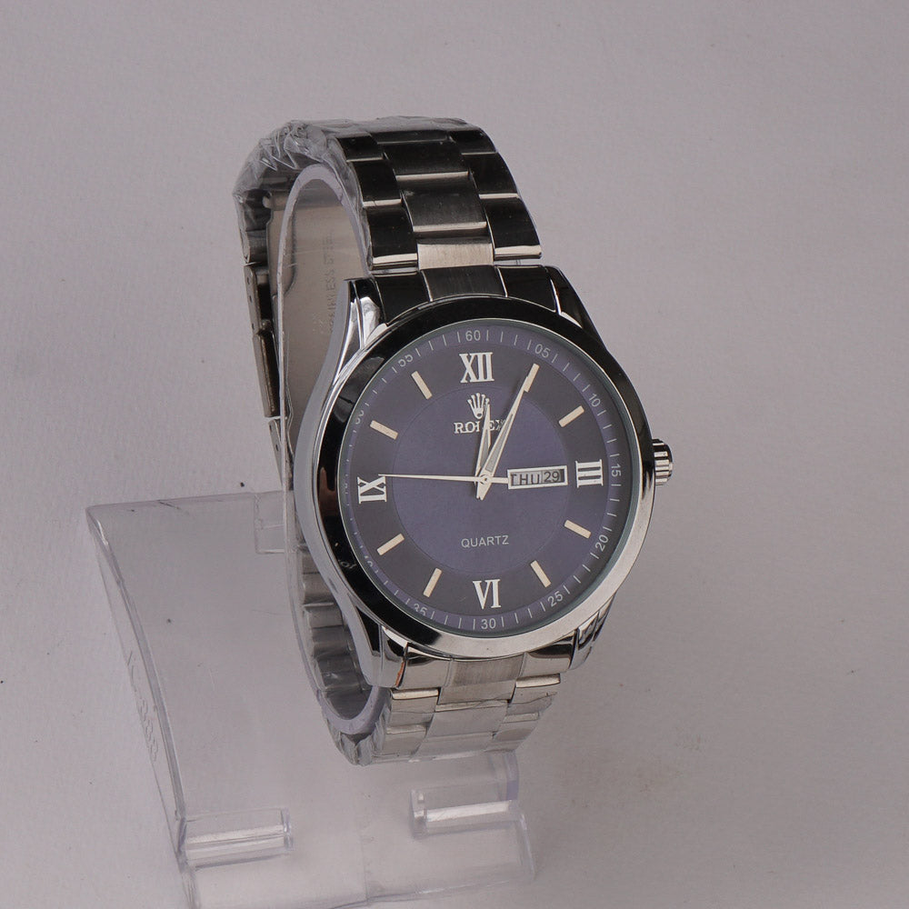 Mens Silver Chain Wrist Watch Blue Dial