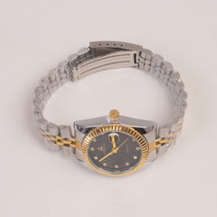 Two Tone Woman Silver Chain Watch Black Dial