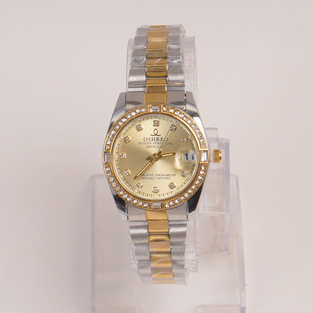 Two Tone Woman Silver Chain Watch Golden Dial