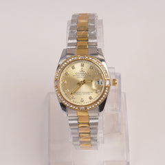 Two Tone Woman Silver Chain Watch Golden Dial