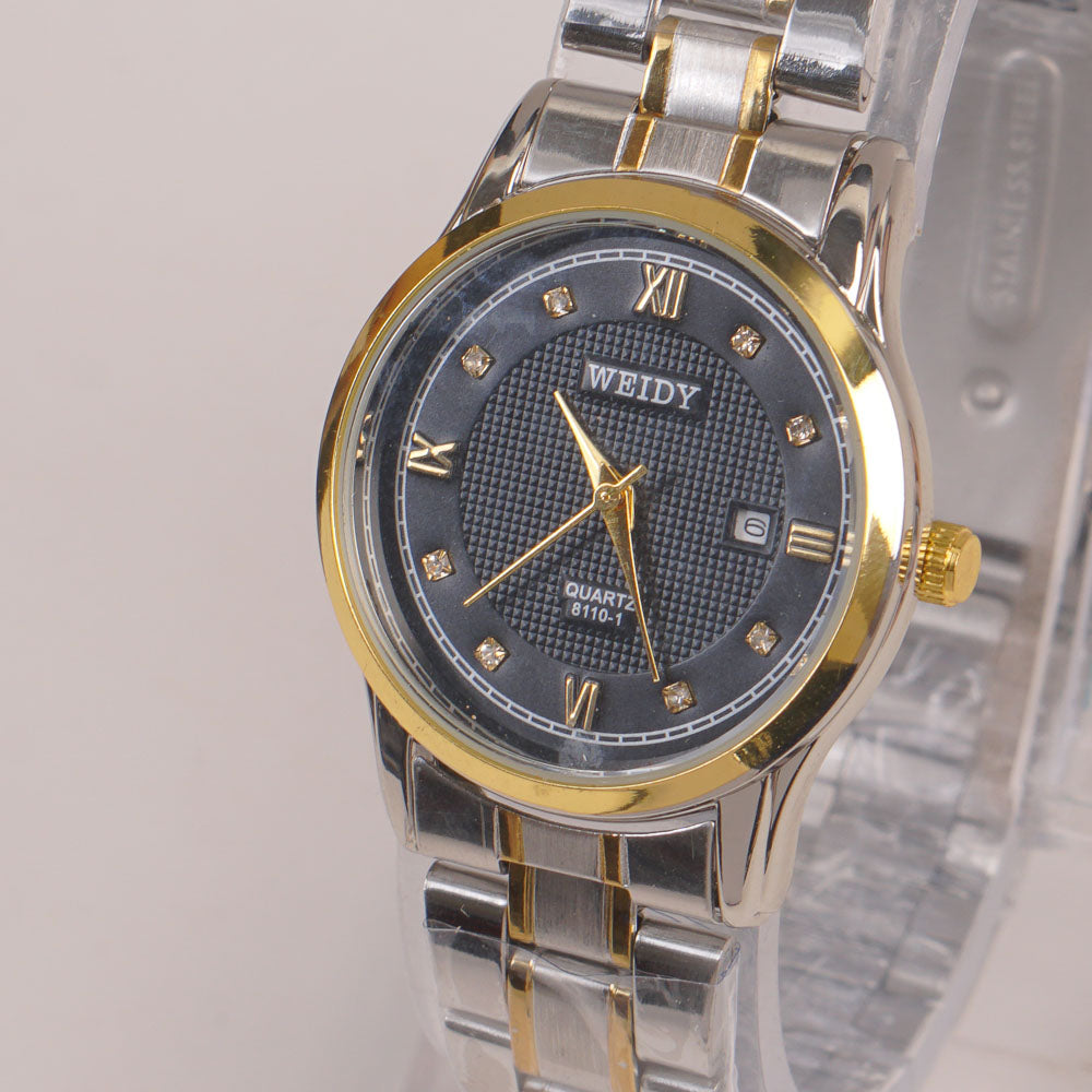 Two Tone Silver Chain Womans Watch Black Dial