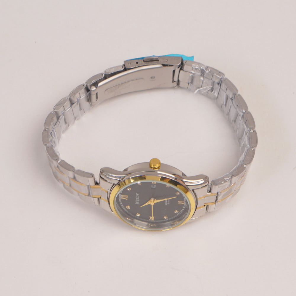 Two Tone Silver Chain Womans Watch Black Dial