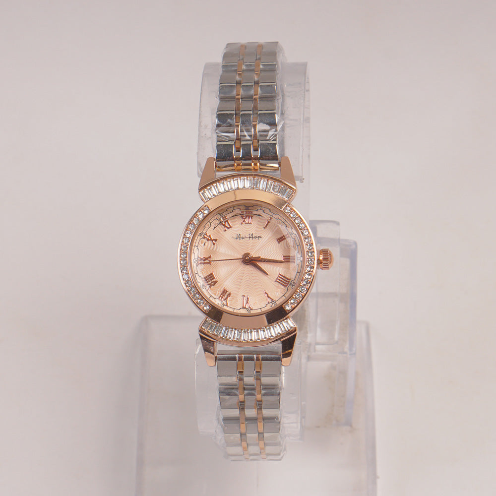 Two Tone Silver Chain Womans Watch Pink Dial
