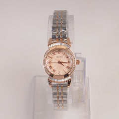 Two Tone Silver Chain Womans Watch Pink Dial