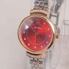 Two Tone Silver Chain Womans Watch Red Dial