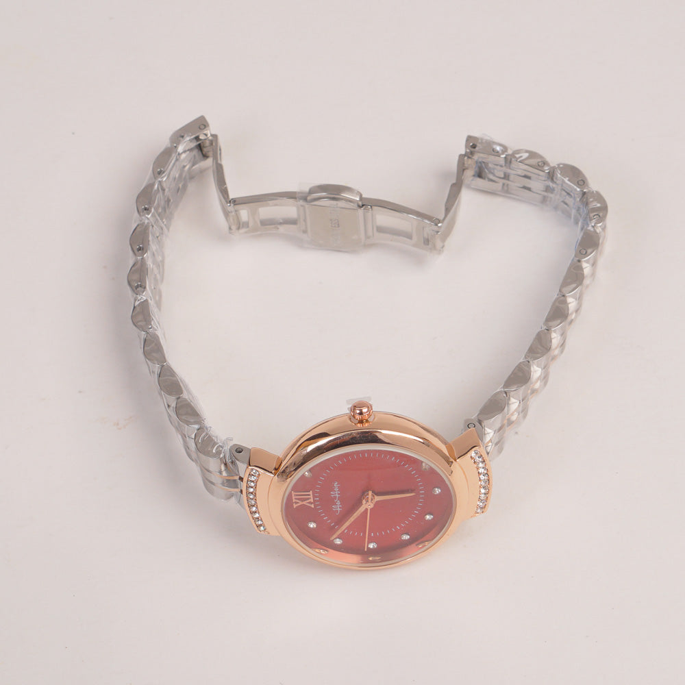 Two Tone Silver Chain Womans Watch Red Dial