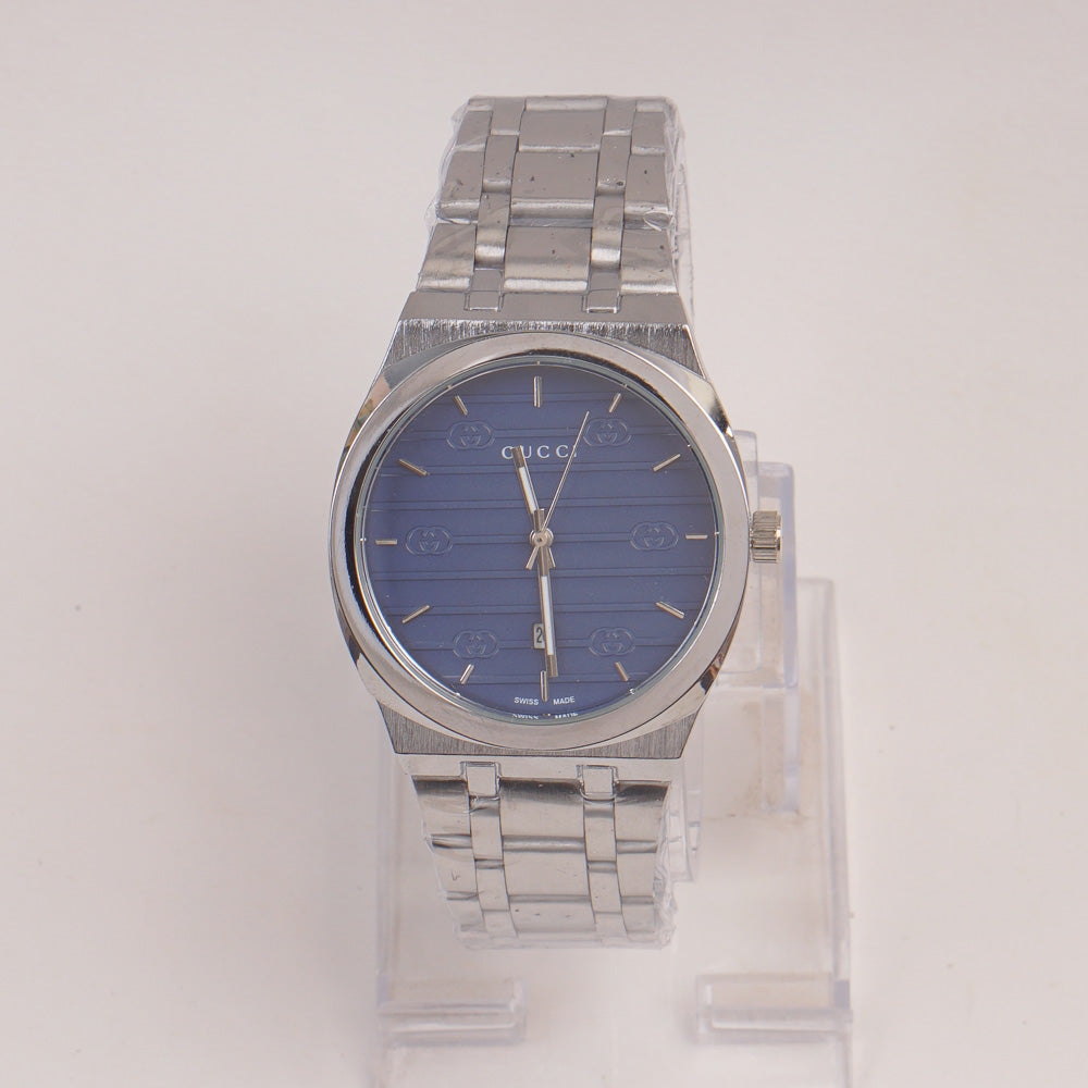 Mens Chain Silver Wrist Watch Blue Dial