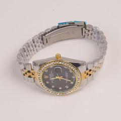 Two Tone Silver Chain Womans Watch Black Dial