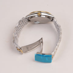 Two Tone Silver Chain Womans Watch Black Dial