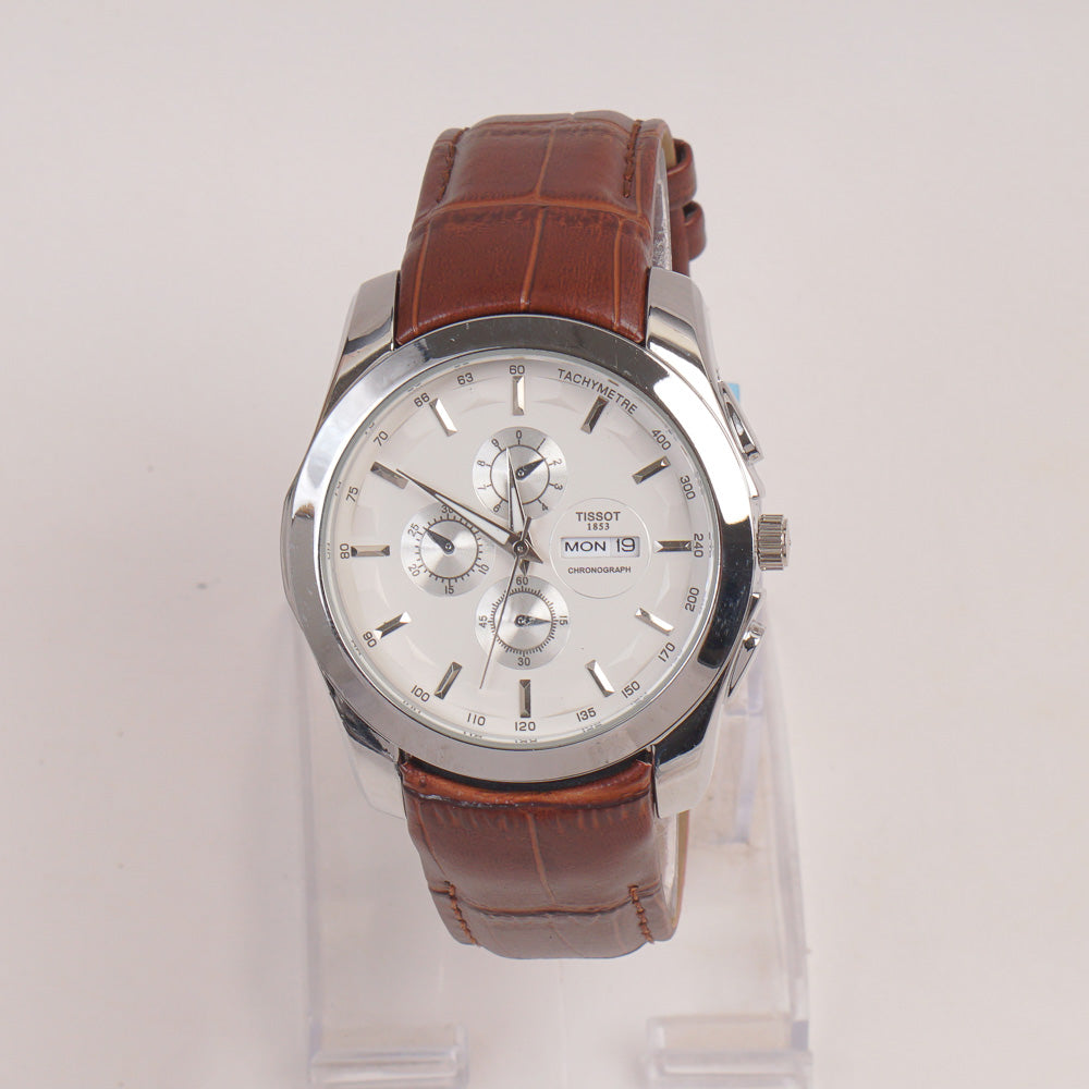 Men's Chronograph Wrist Watch White Dial Brown Straps