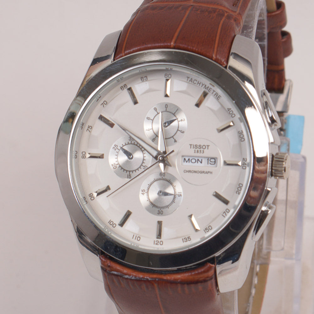 Men's Chronograph Wrist Watch White Dial Brown Straps