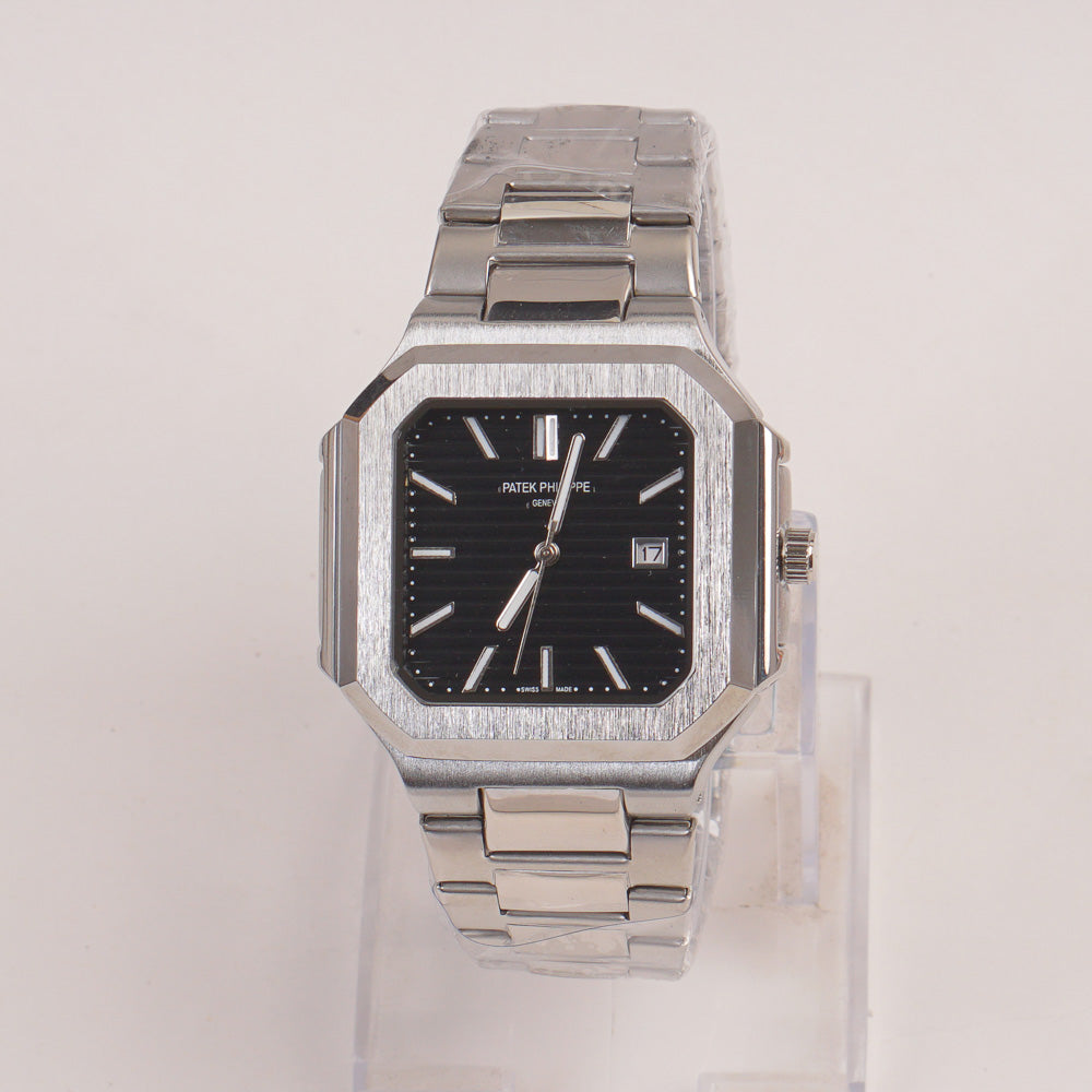 Mens Chain Silver Square Wrist Watch Black Dial
