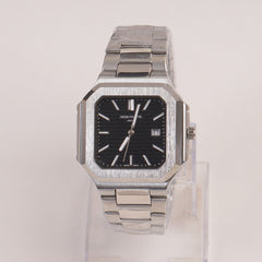 Mens Chain Silver Square Wrist Watch Black Dial