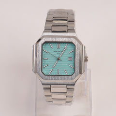 Mens Chain Silver Square Wrist Watch Cyan/Green Dial