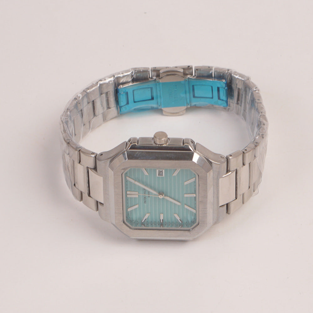 Mens Chain Silver Square Wrist Watch Cyan/Green Dial