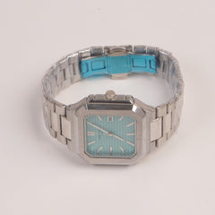 Mens Chain Silver Square Wrist Watch Cyan/Green Dial