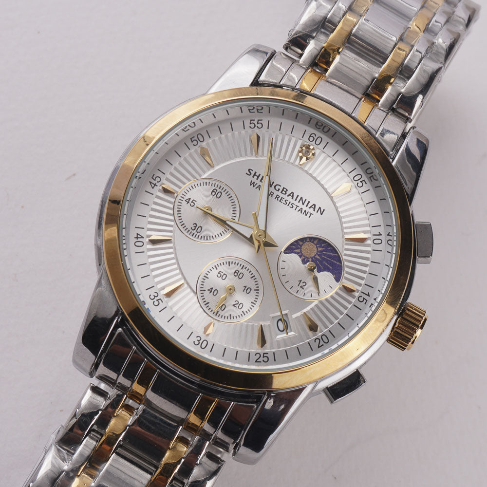 Two Tone Mens Chain Silver- Golden Wrist Watch White Dial