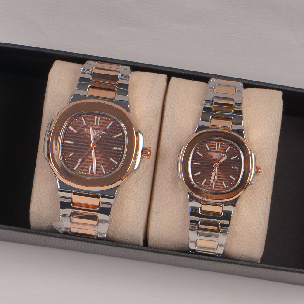 Two Tone Couple Watches Silver Chain with Brown Dial