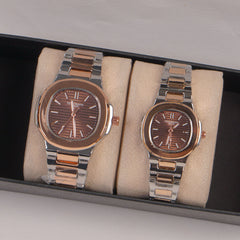 Two Tone Couple Watches Silver Chain with Brown Dial