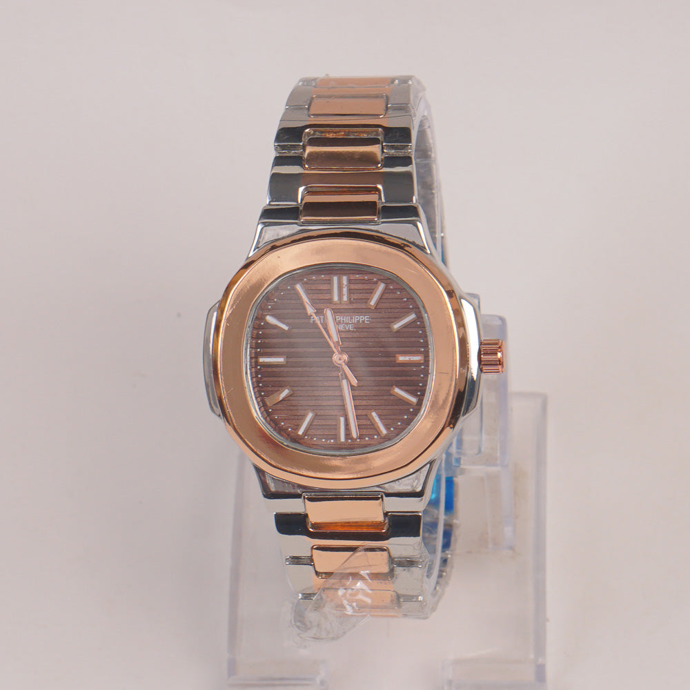 Two Tone Couple Watches Silver Chain with Brown Dial