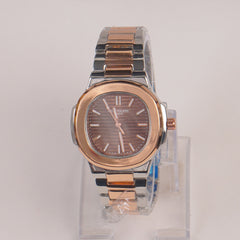 Two Tone Couple Watches Silver Chain with Brown Dial