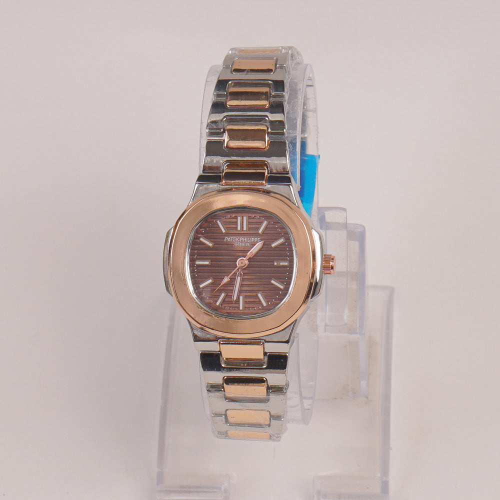 Two Tone Couple Watches Silver Chain with Brown Dial