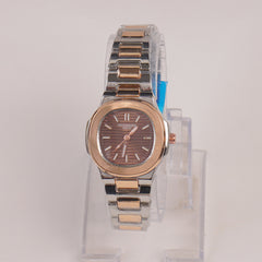 Two Tone Silver Rosegold Chain Womans Watch Brown Dial