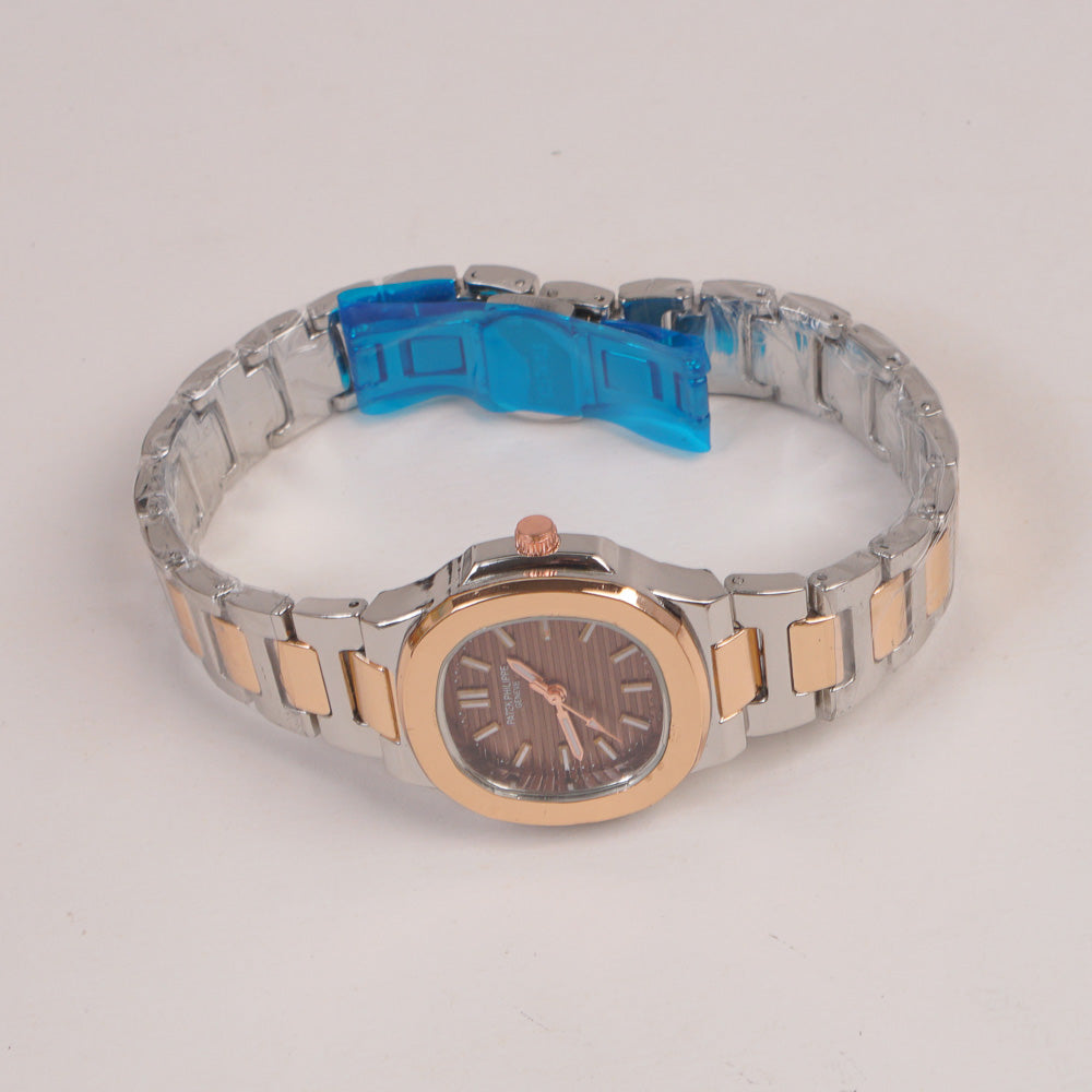Two Tone Couple Watches Silver Chain with Brown Dial