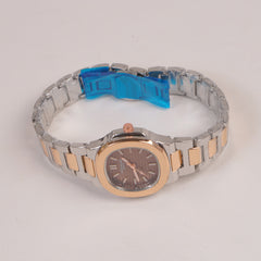 Two Tone Silver Rosegold Chain Womans Watch Brown Dial