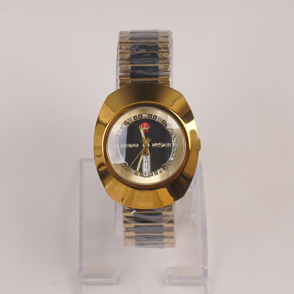 Two Tone Mens Chain Golden Wrist Watch With Black Dial