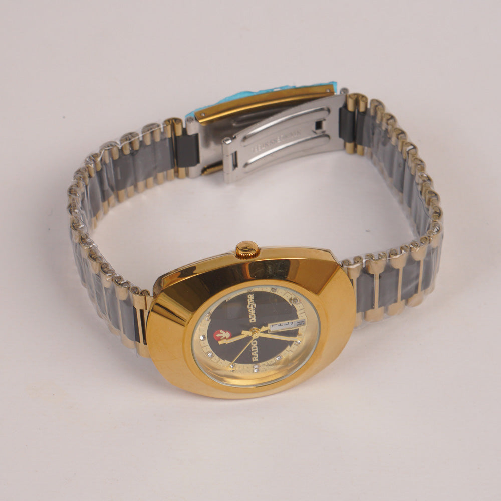 Two Tone Mens Chain Golden Wrist Watch With Black Dial