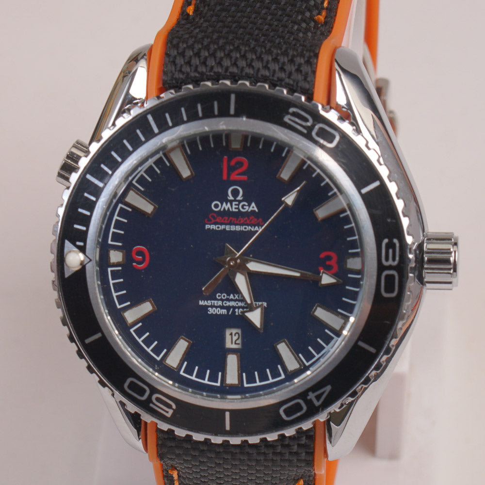 Men's Analogue Wrist Watch Blue Dial Black Orange strap