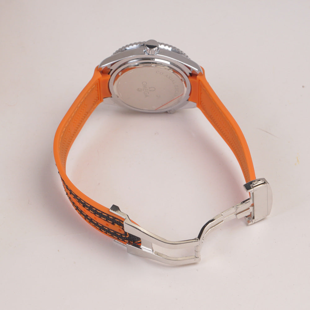 Men's Analogue Wrist Watch Blue Dial Black Orange strap