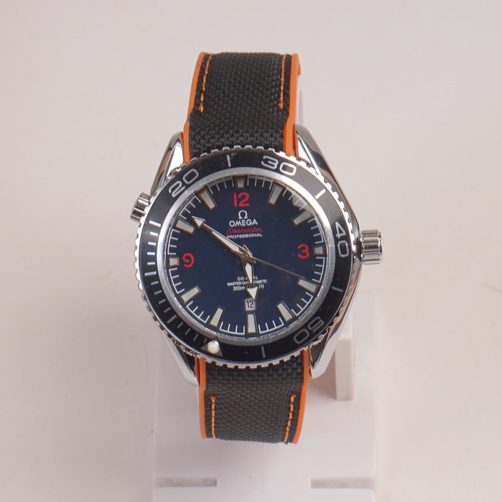 Men's Analogue Wrist Watch Blue Dial Grey Orange strap