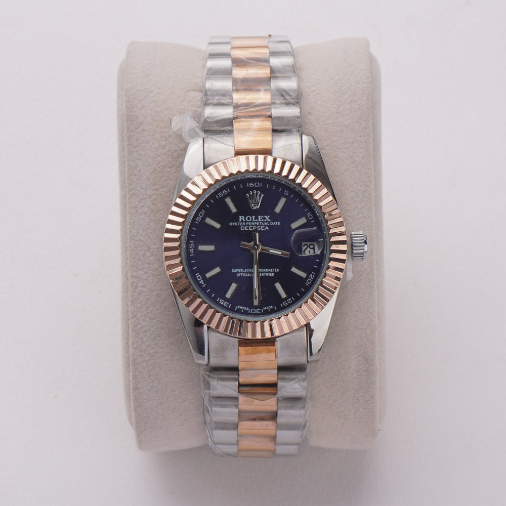 Two Tone Women's Chain Watch Silver-Rosegold with Blue Dial