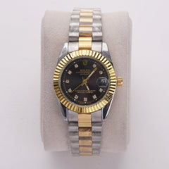 Two Tone Women's Chain Watch Silver-Golden with Black Dial