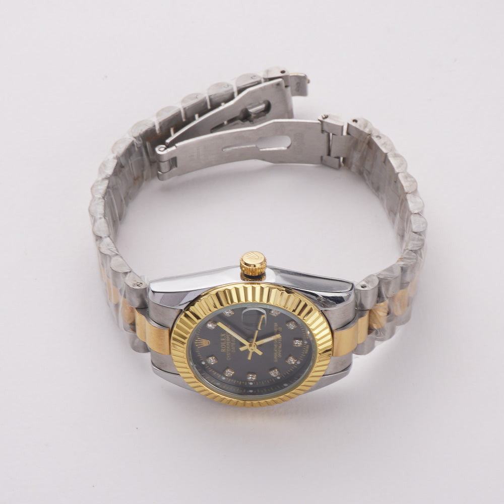 Two Tone Women's Chain Watch Silver-Golden with Black Dial