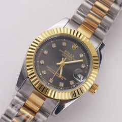 Two Tone Women's Chain Watch Silver-Golden with Black Dial