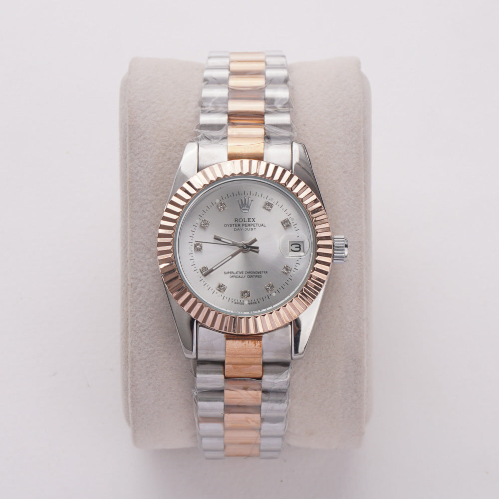 Two Tone Women's Chain Watch Silver-Rosegold with White Dial