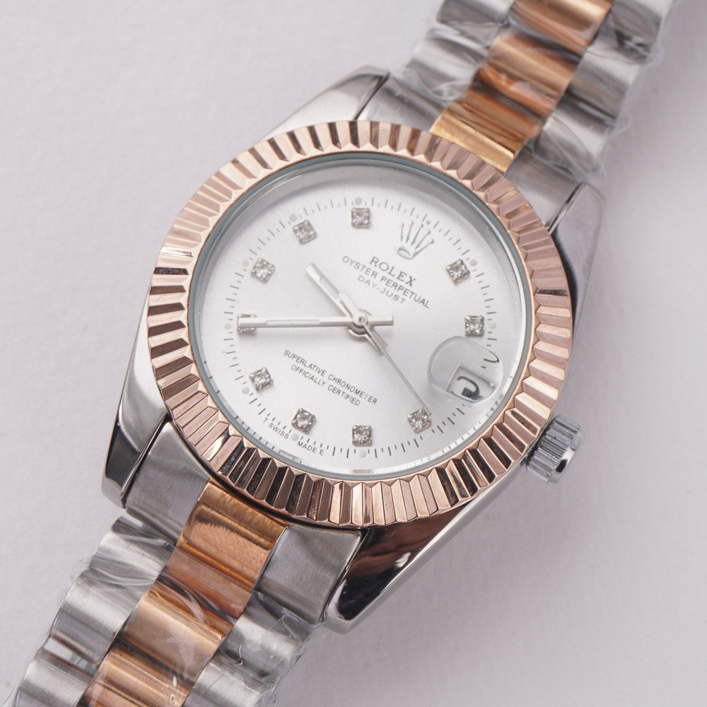 Two Tone Women's Chain Watch Silver-Rosegold with White Dial