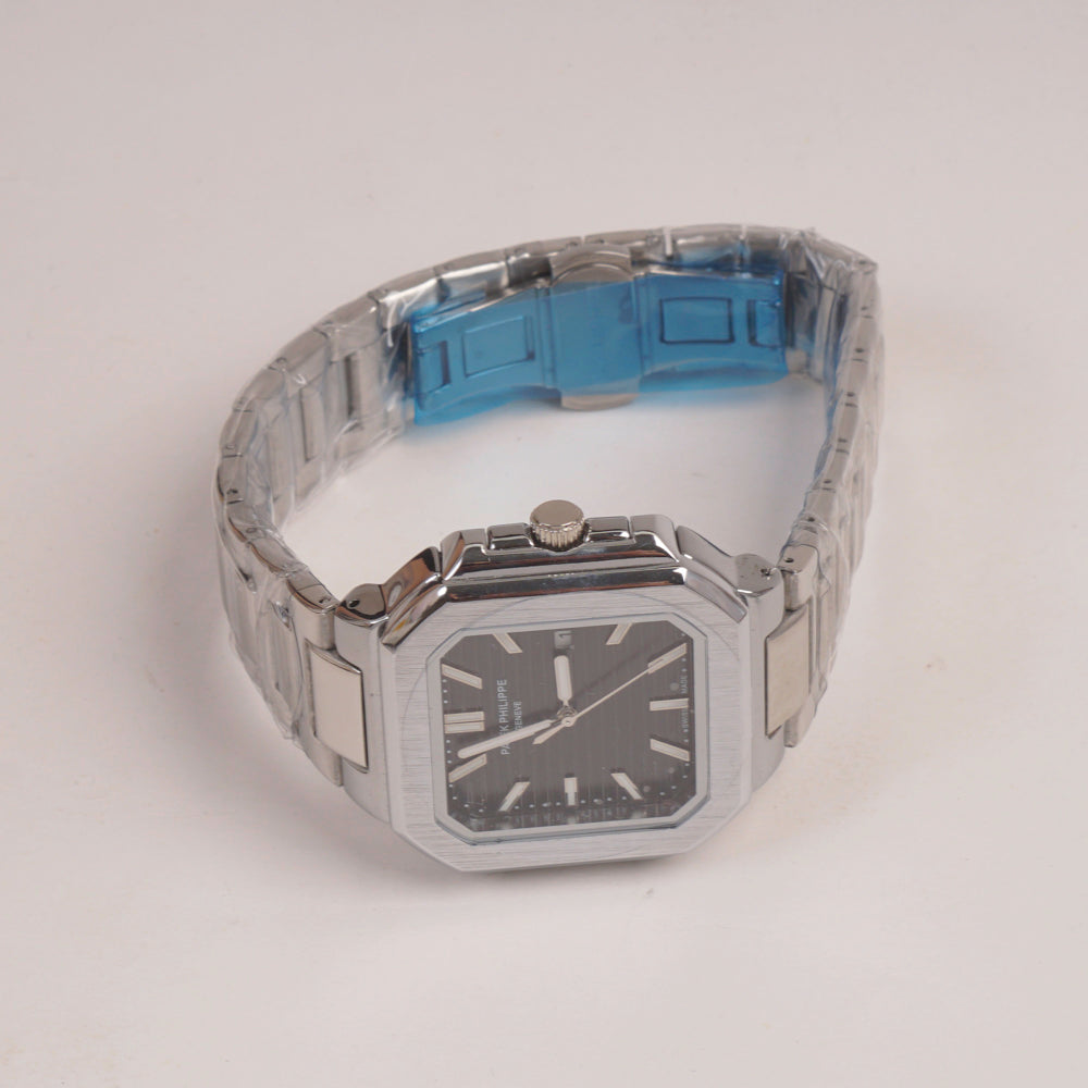 Mens Chain Silver Square Wrist Watch Black Dial