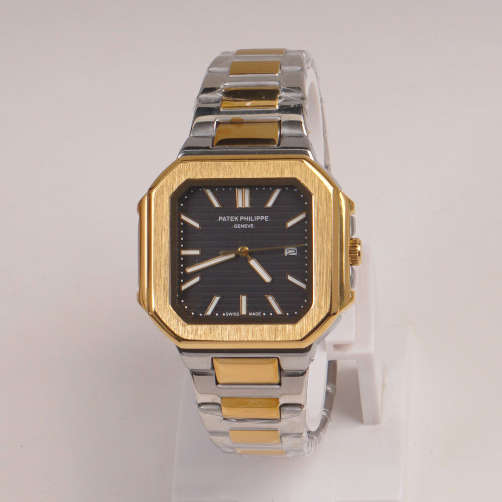 Two Tone Mens Chain Silver Square Wrist Watch Black Dial