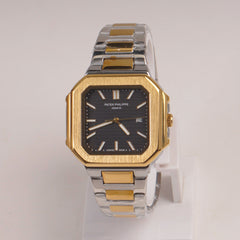 Two Tone Mens Chain Silver Square Wrist Watch Black Dial