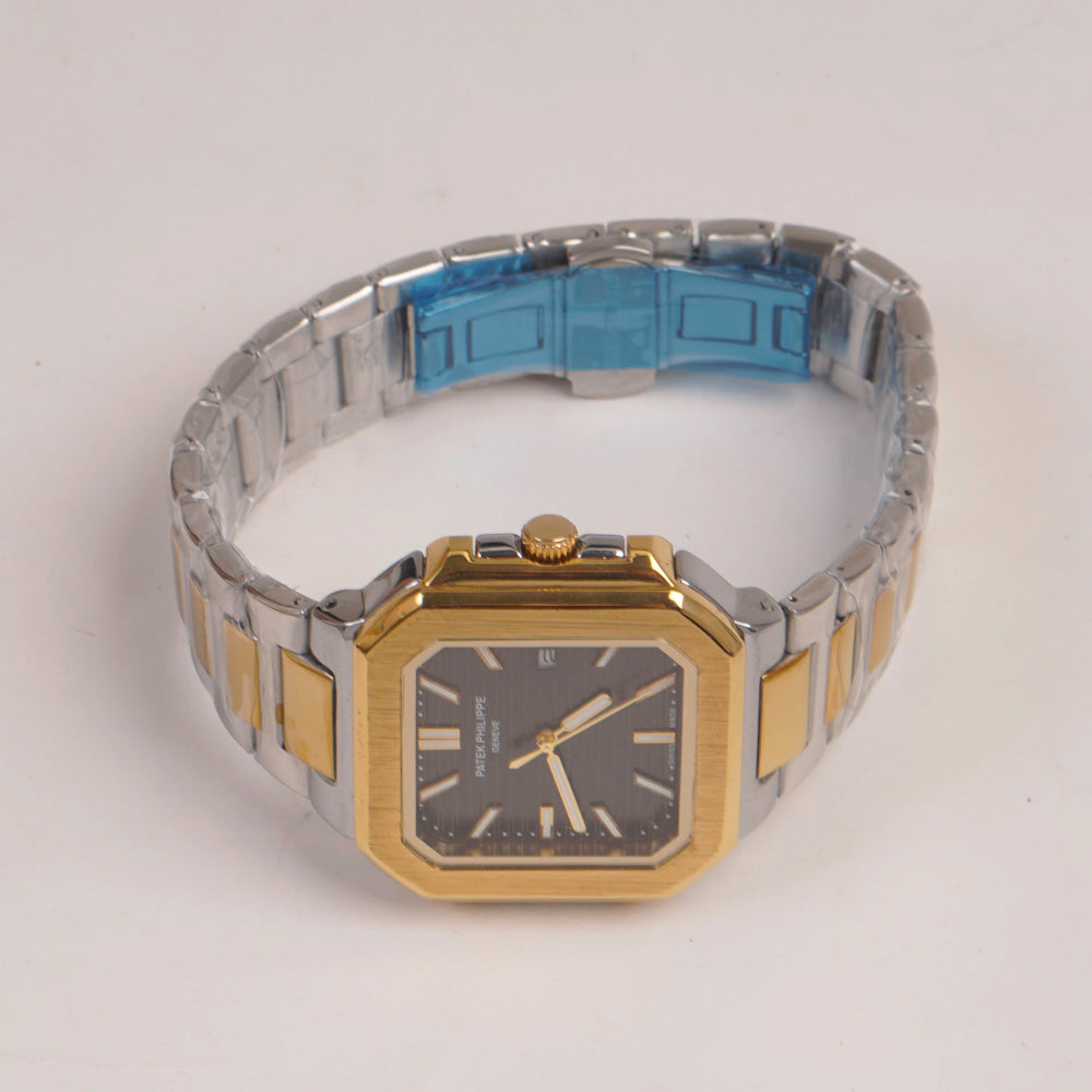 Two Tone Mens Chain Silver Square Wrist Watch Black Dial