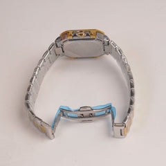 Two Tone Mens Chain Silver Square Wrist Watch Black Dial