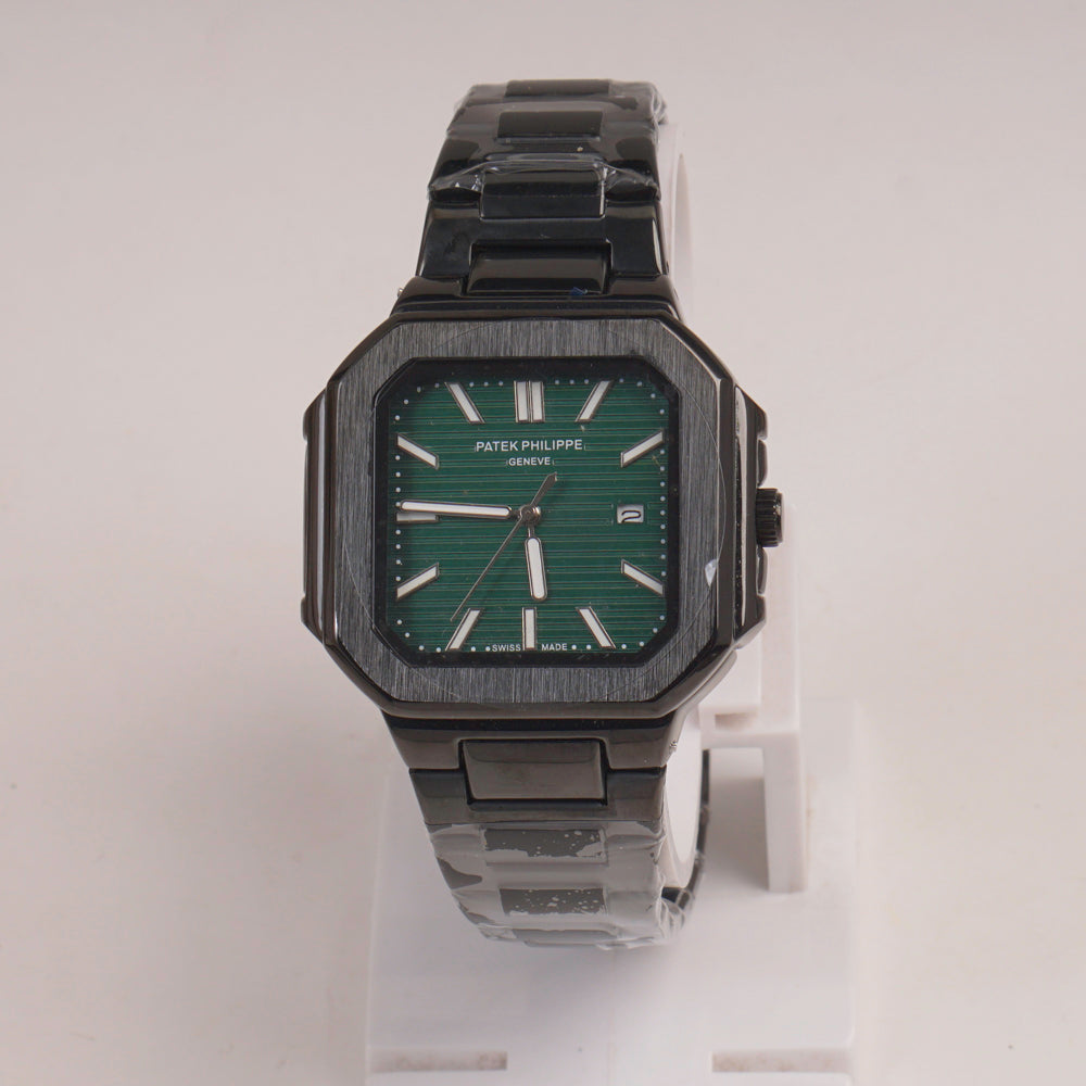Mens Black Chain Square Wrist Watch Green Dial