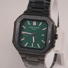 Mens Black Chain Square Wrist Watch Green Dial
