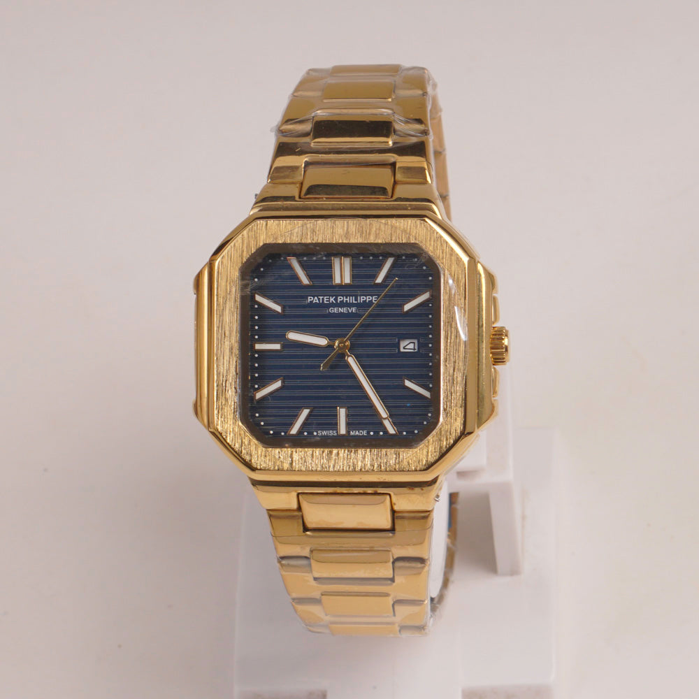 Mens Golden Chain Square Wrist Watch Blue Dial