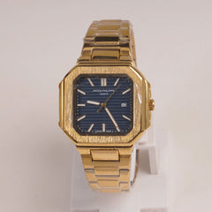 Mens Golden Chain Square Wrist Watch Blue Dial